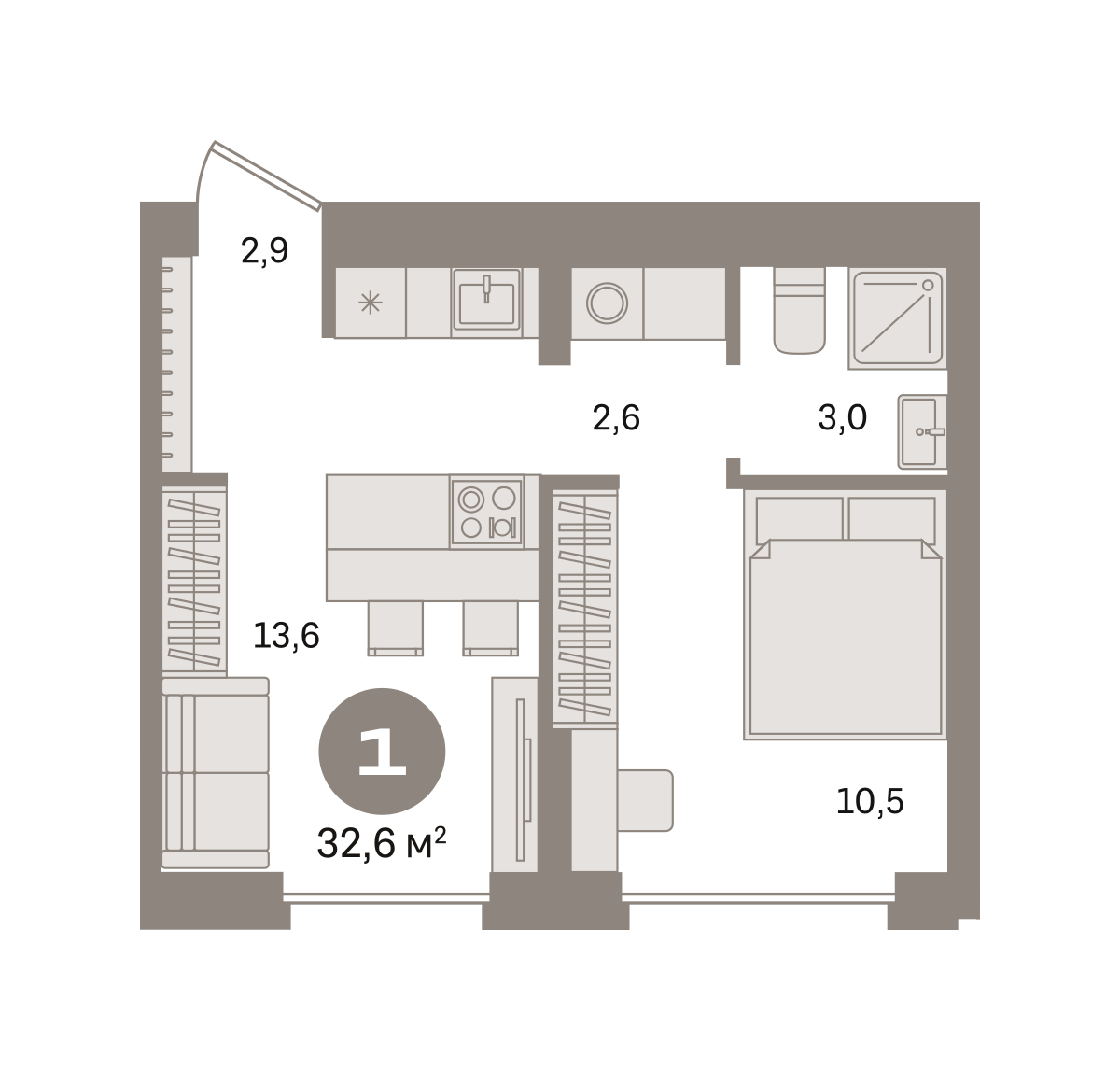 1 комн. Квартира 32.6 кв. м