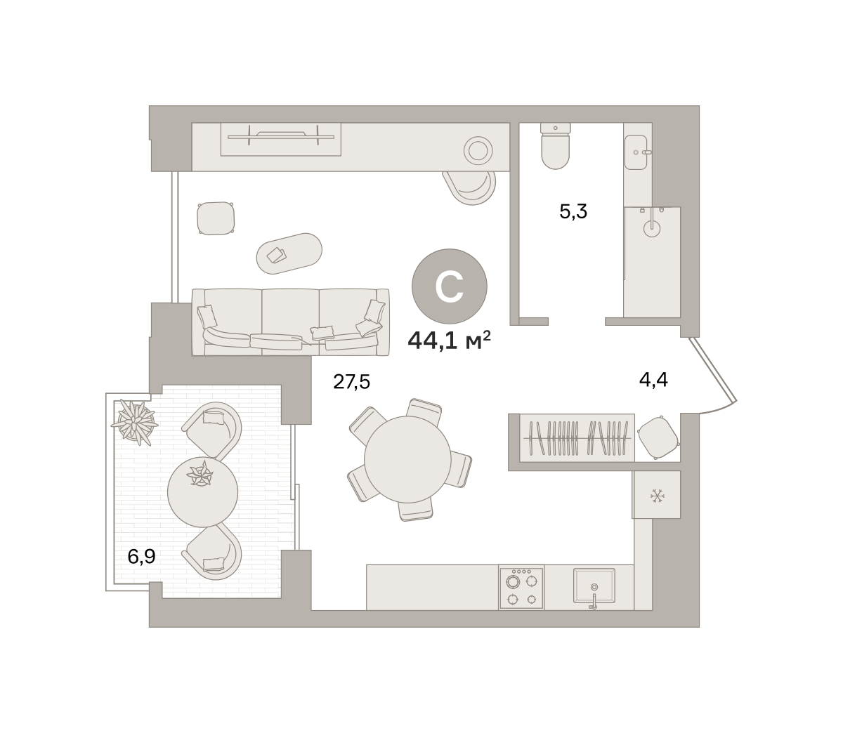 Квартира 44.1 кв. м
