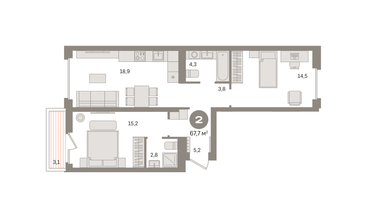 2 комн. Квартира 67.6 кв. м