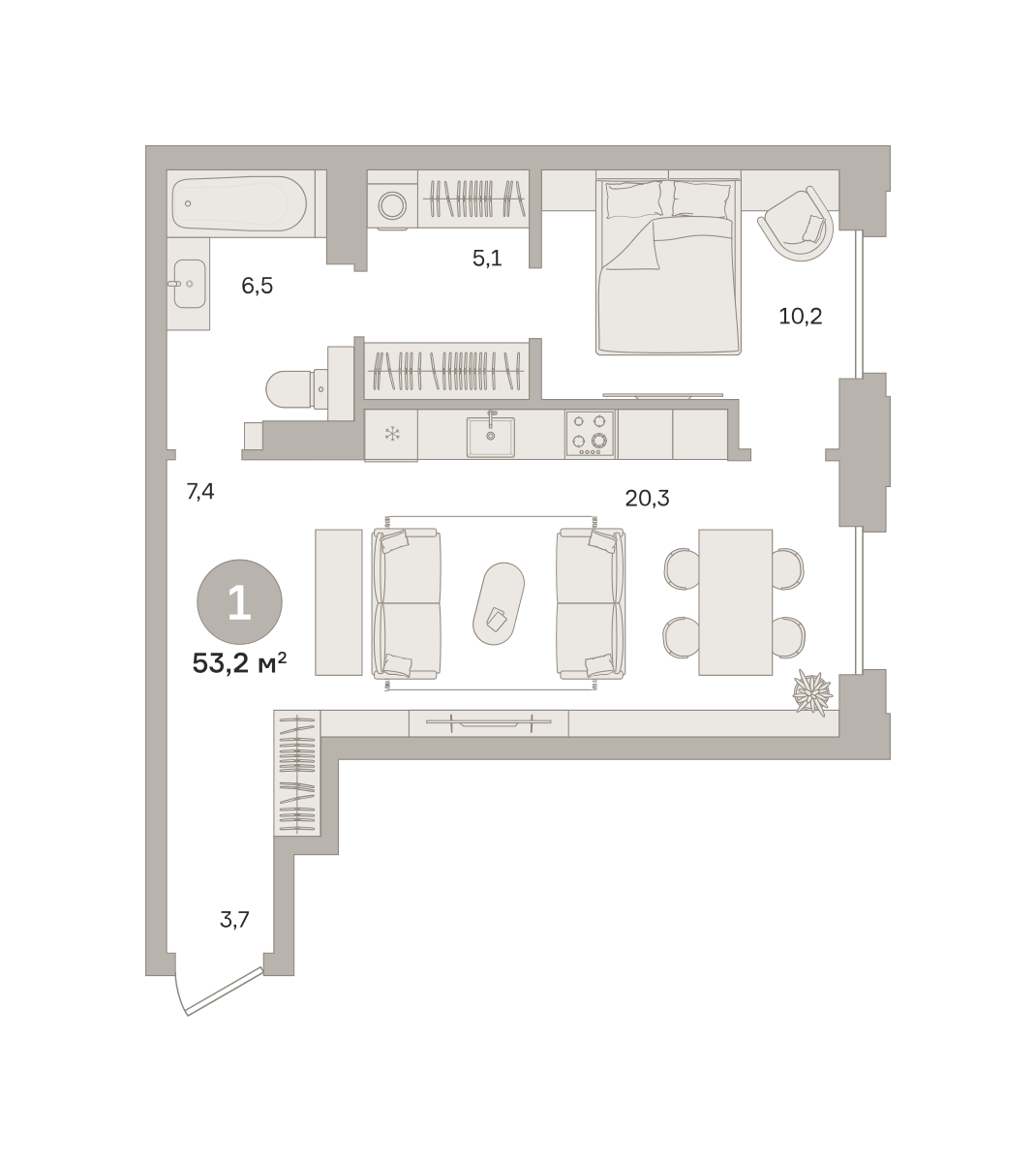 1 комн. Квартира 53.2 кв. м