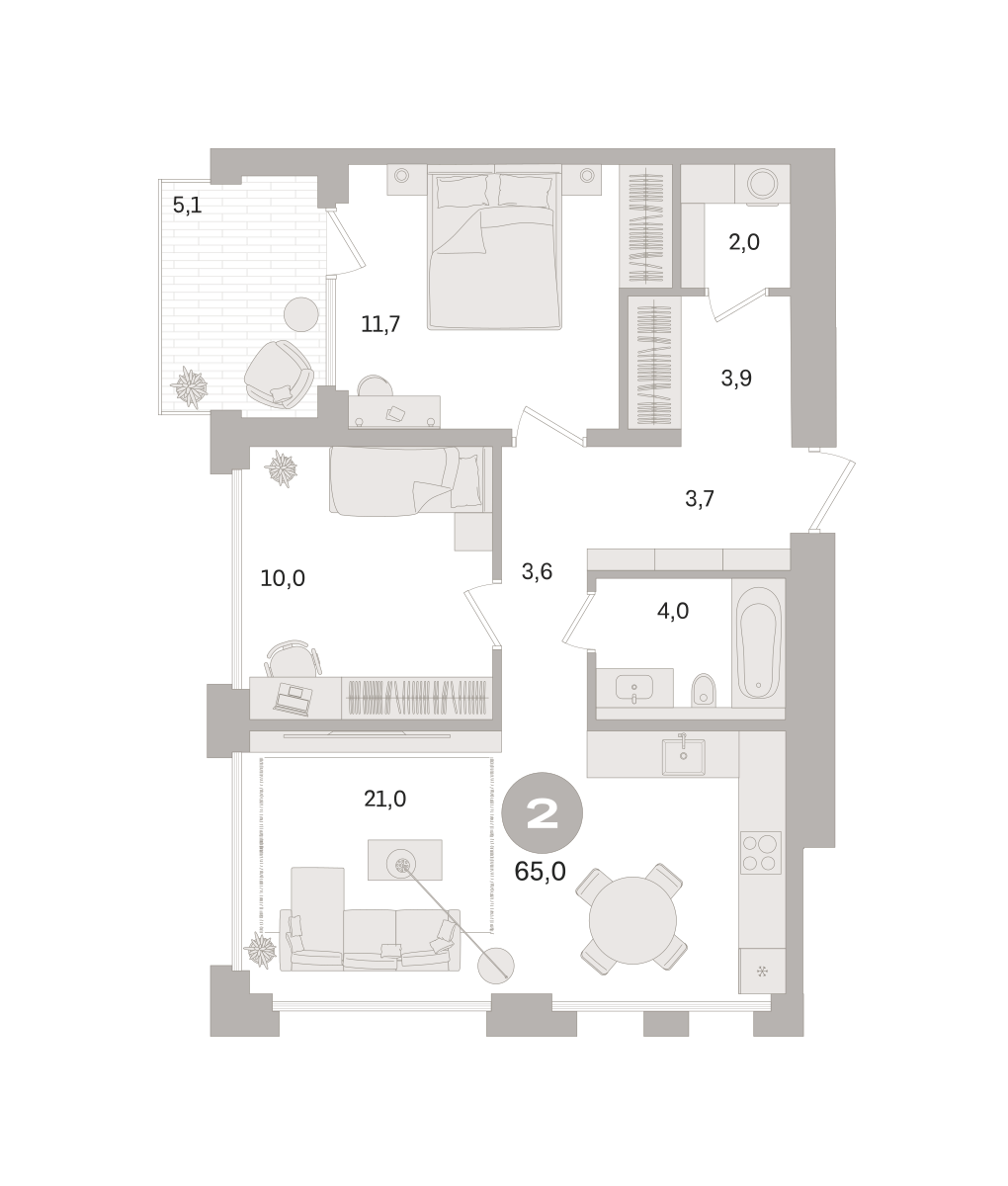 2 комн. Квартира 65 кв. м