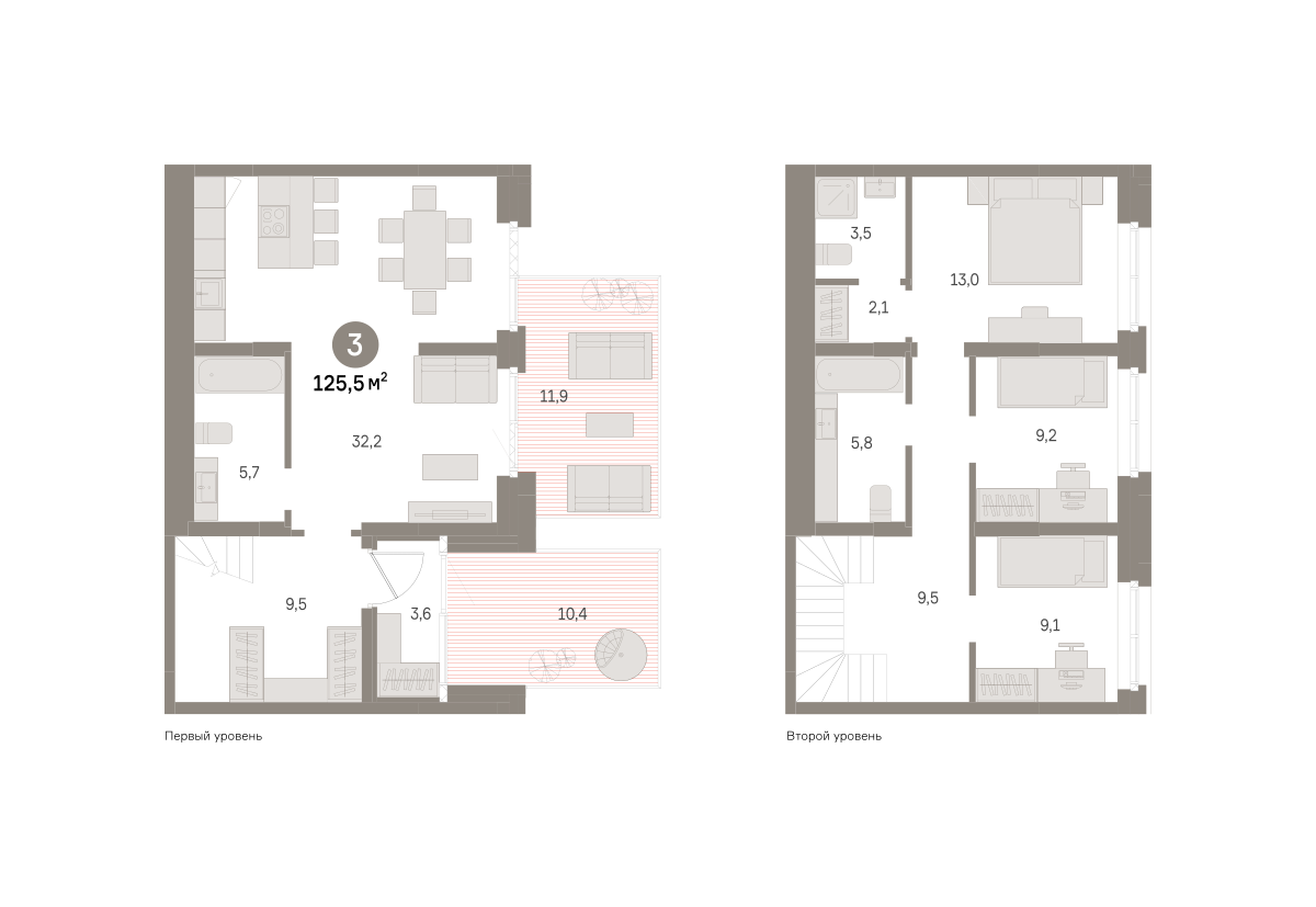 3 комн. Квартира 125.5 кв. м