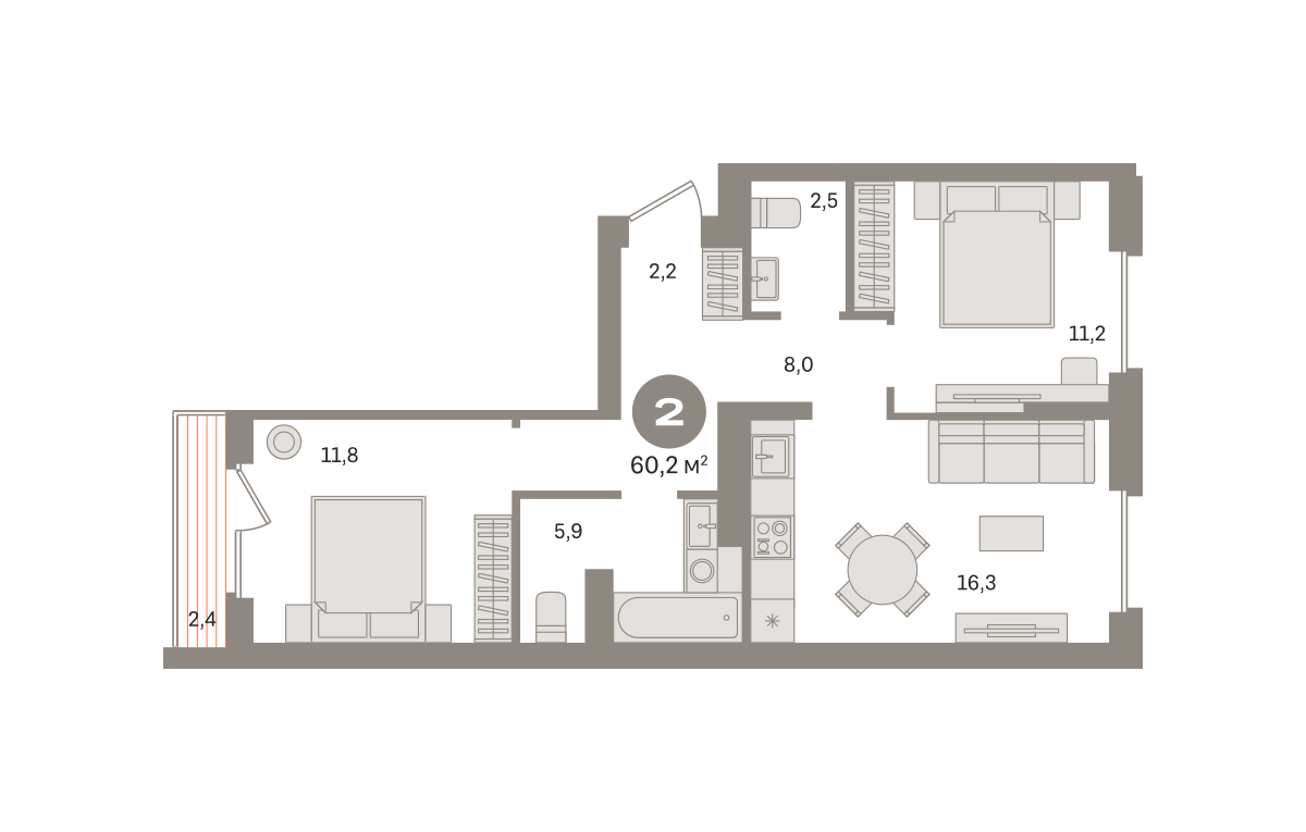 2 комн. Квартира 60.2 кв. м