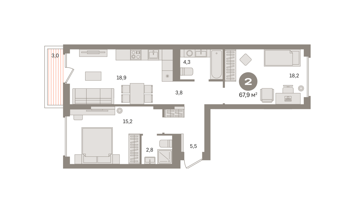 2 комн. Квартира 67.9 кв. м