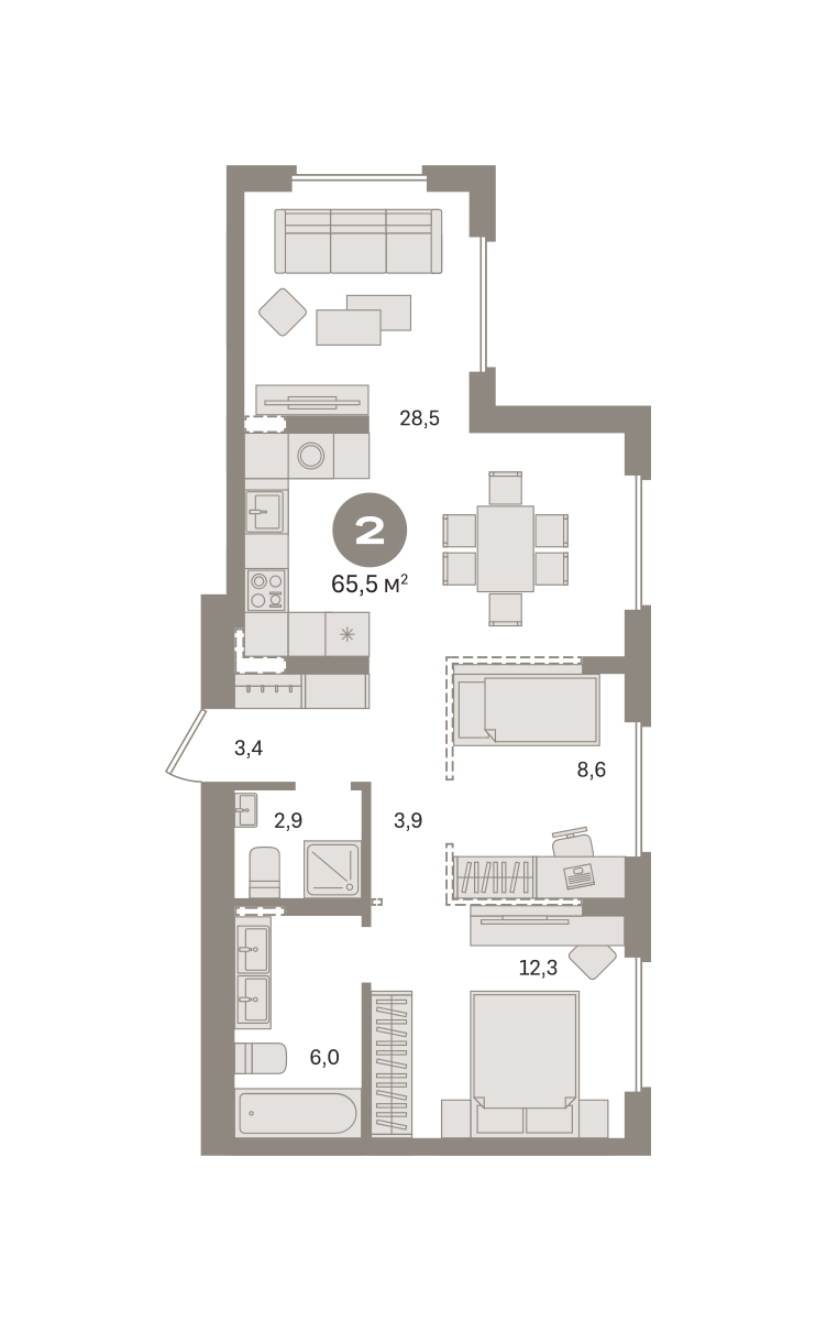 2 комн. Квартира 65.6 кв. м