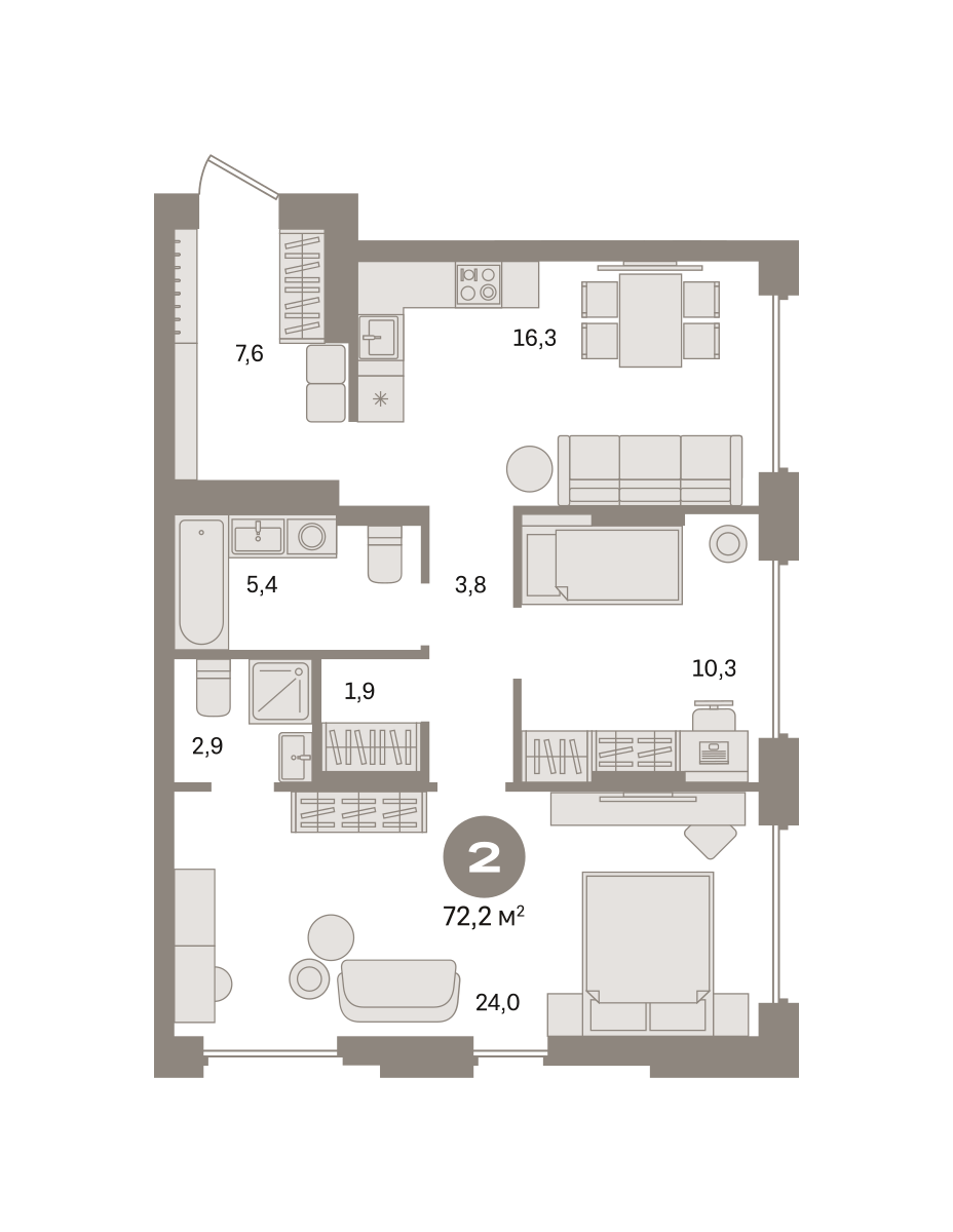 2 комн. Квартира 72.2 кв. м