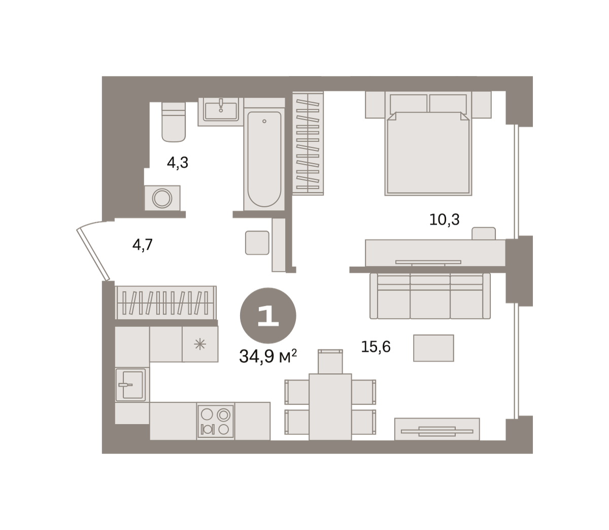 1 комн. Квартира 34.9 кв. м