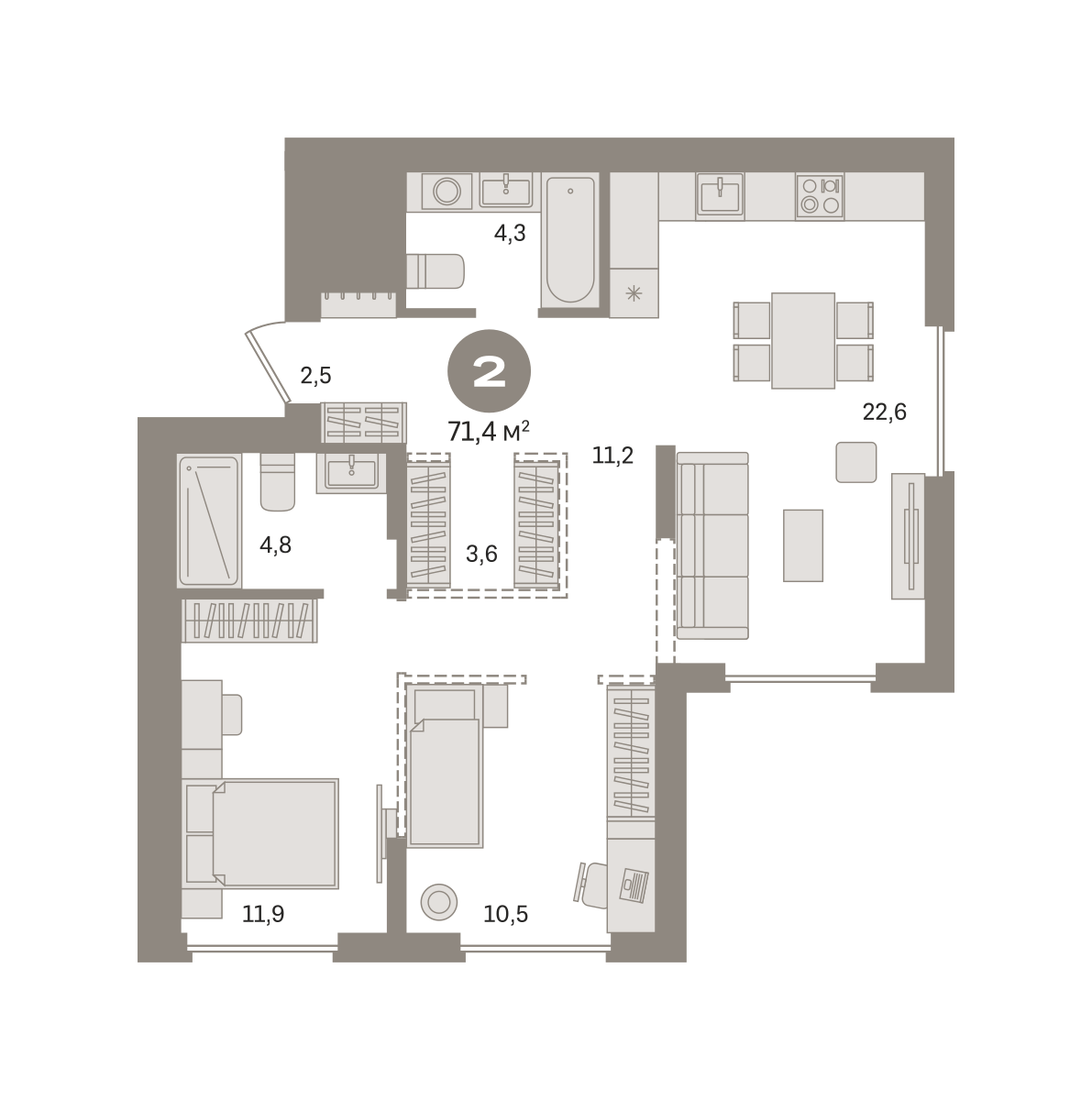 2 комн. Квартира 71.4 кв. м