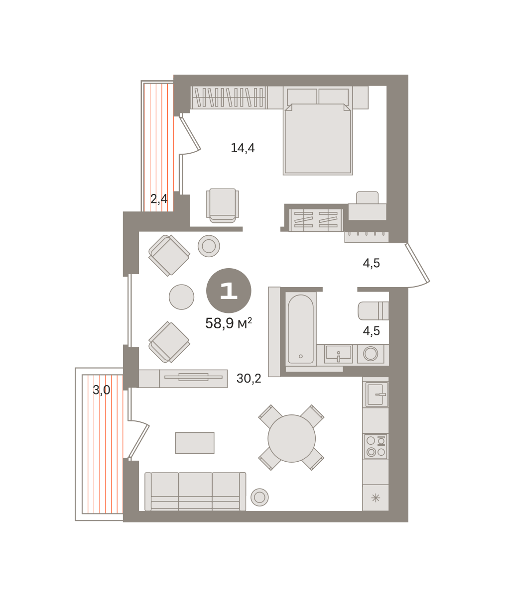1 комн. Квартира 58.9 кв. м