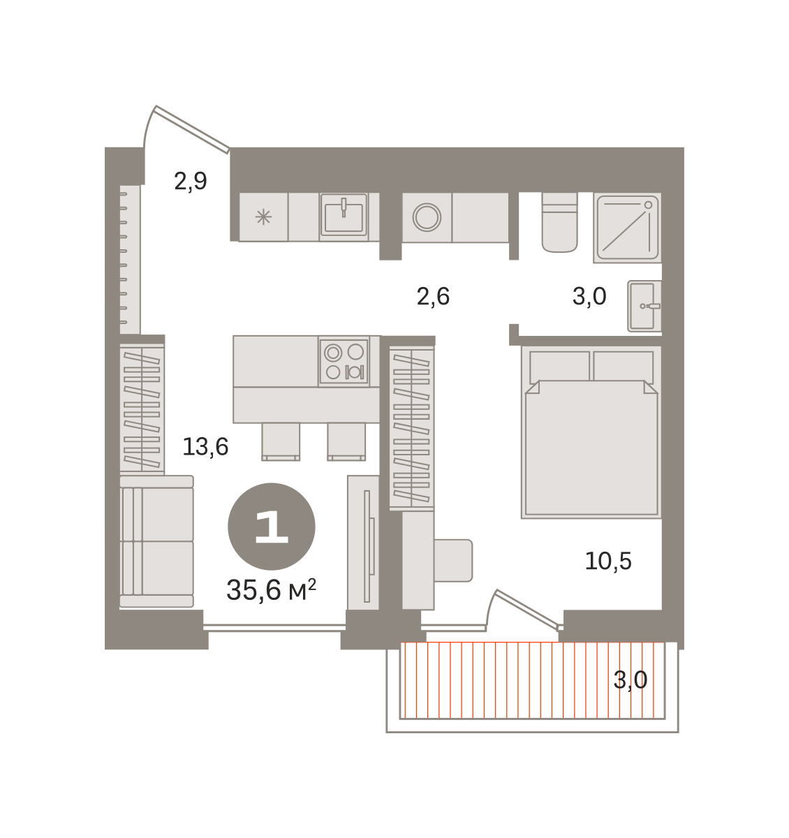 1 комн. Квартира 35.6 кв. м