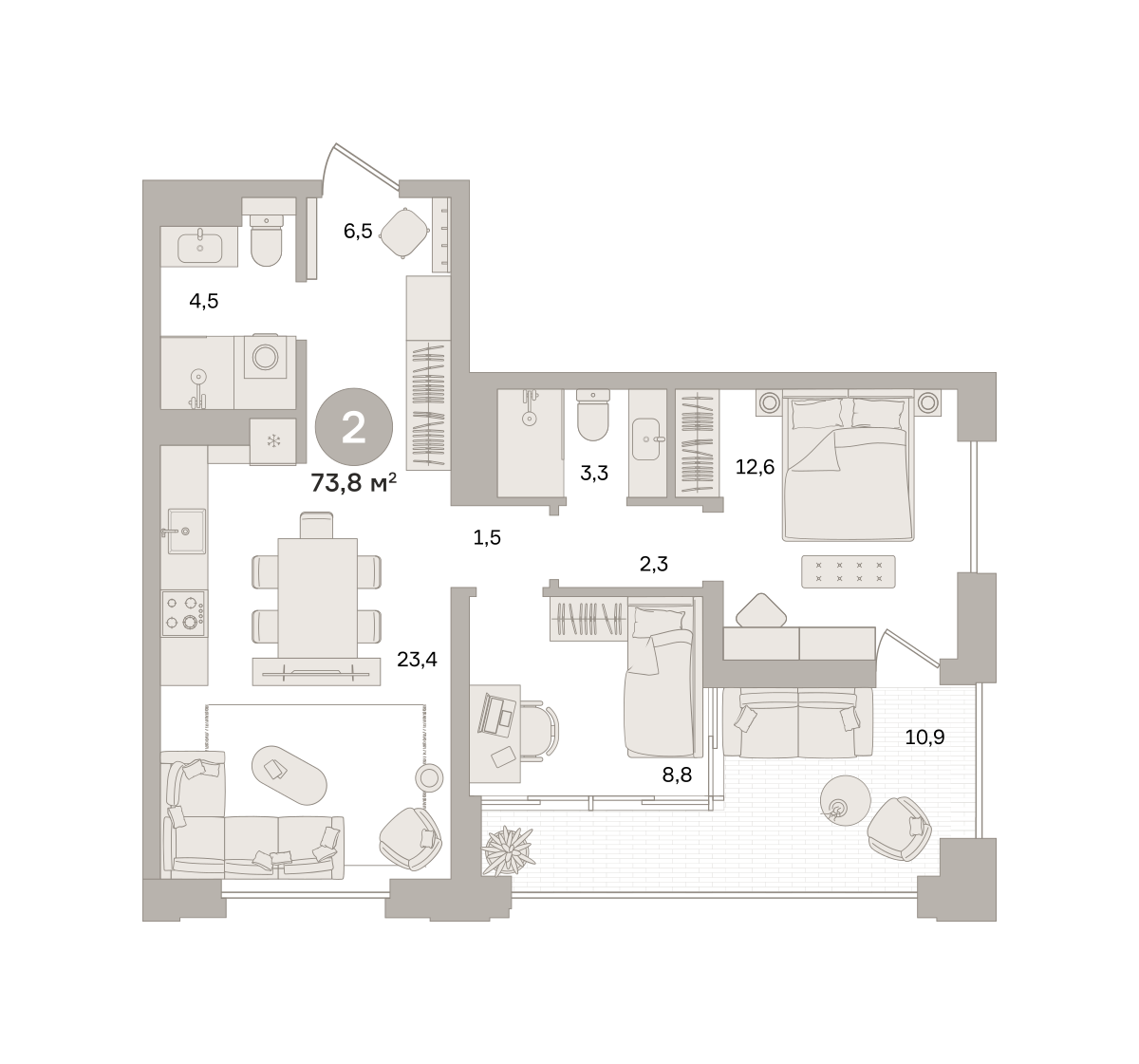 2 комн. Квартира 73.8 кв. м