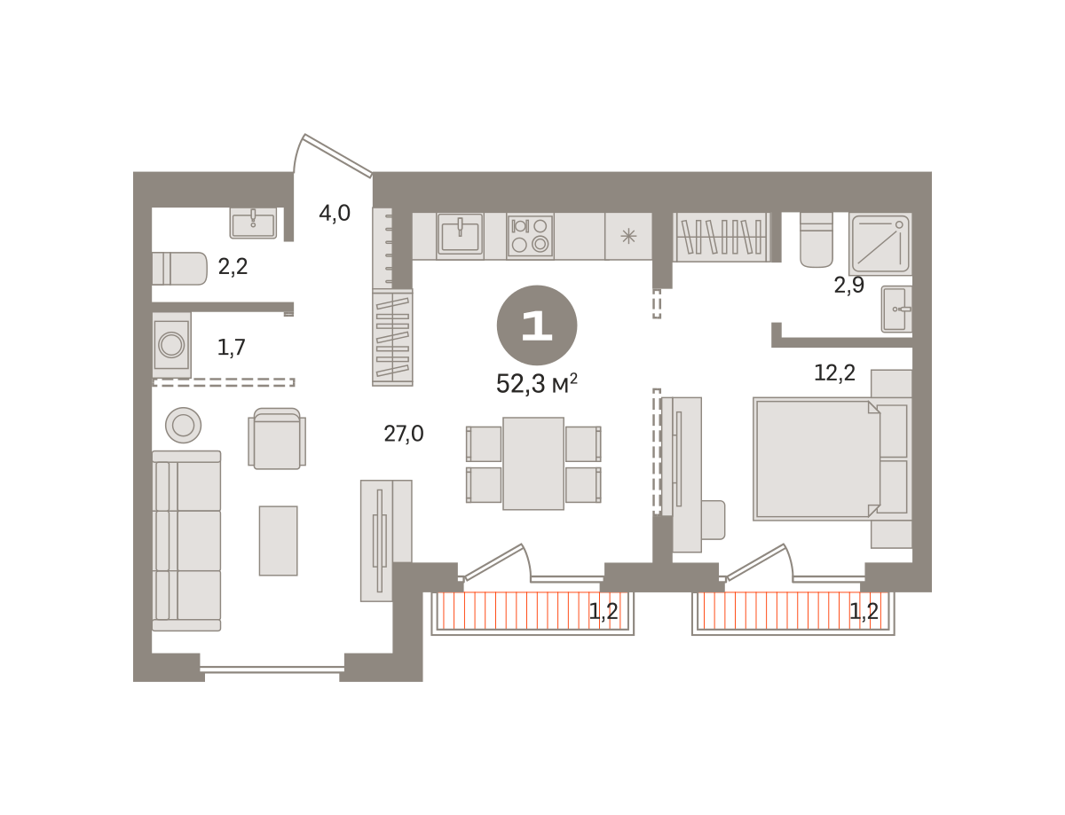 1 комн. Квартира 54.4 кв. м