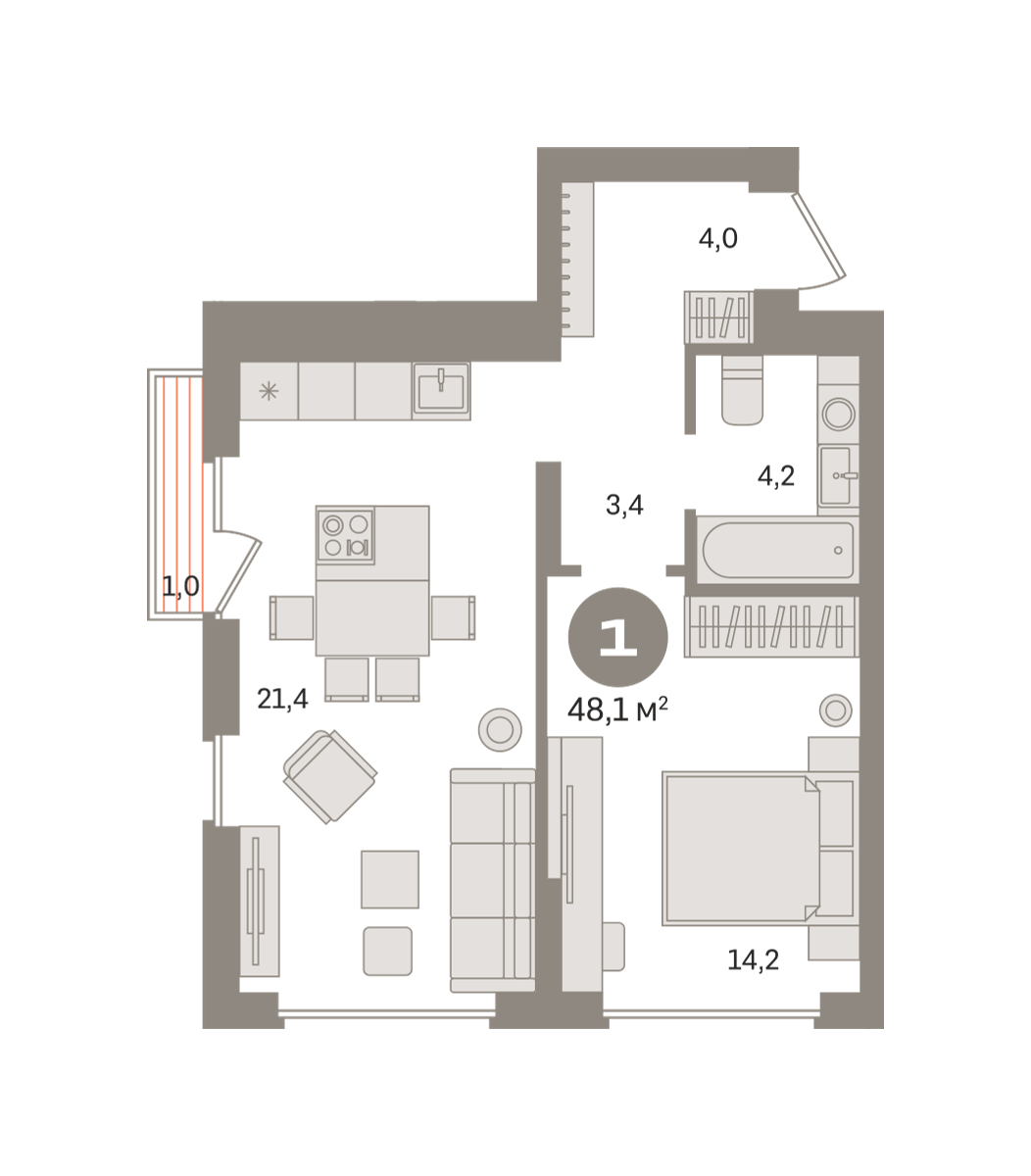 1 комн. Квартира 48.1 кв. м