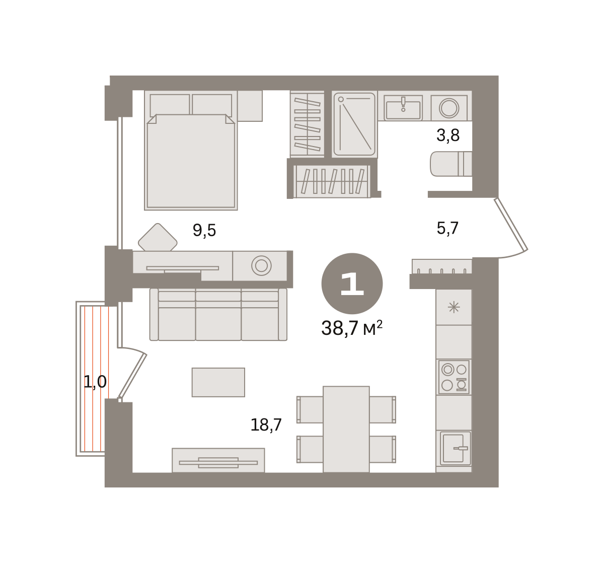 1 комн. Квартира 38.7 кв. м