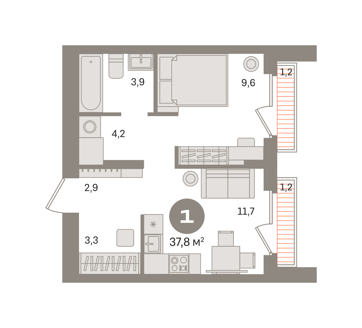 1 комн. Квартира 37.8 кв. м