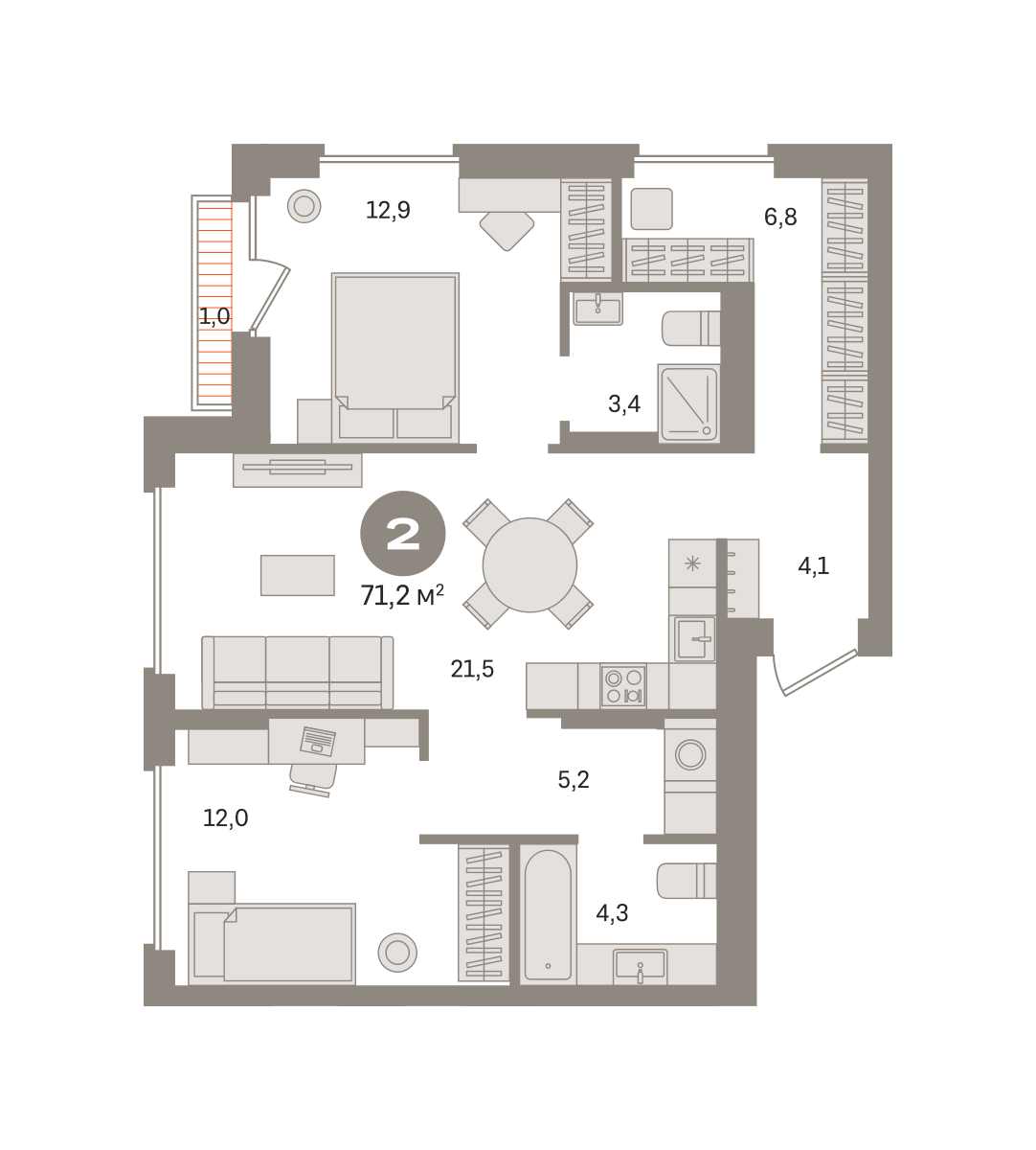 2 комн. Квартира 71.2 кв. м