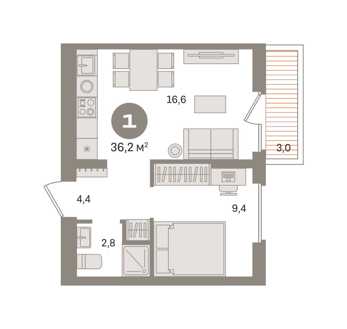 1 комн. Квартира 36.2 кв. м