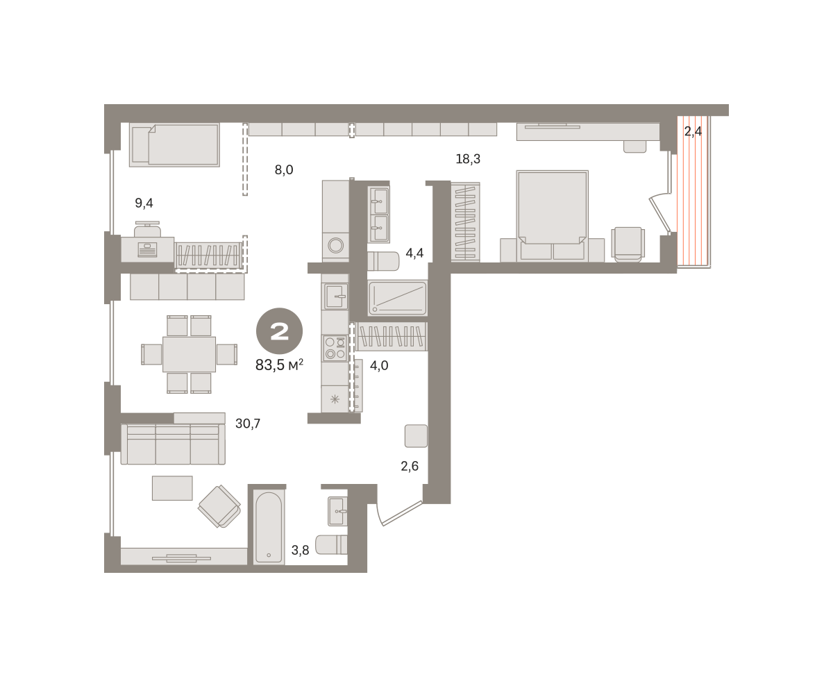 2 комн. Квартира 83.5 кв. м