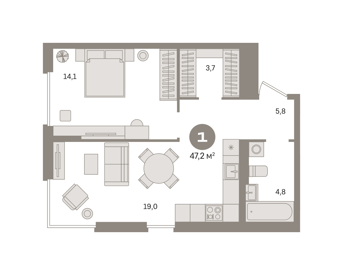 1 комн. Квартира 47.2 кв. м