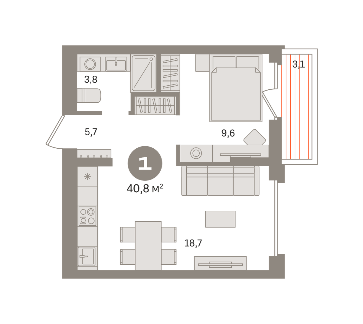 1 комн. Квартира 40.7 кв. м