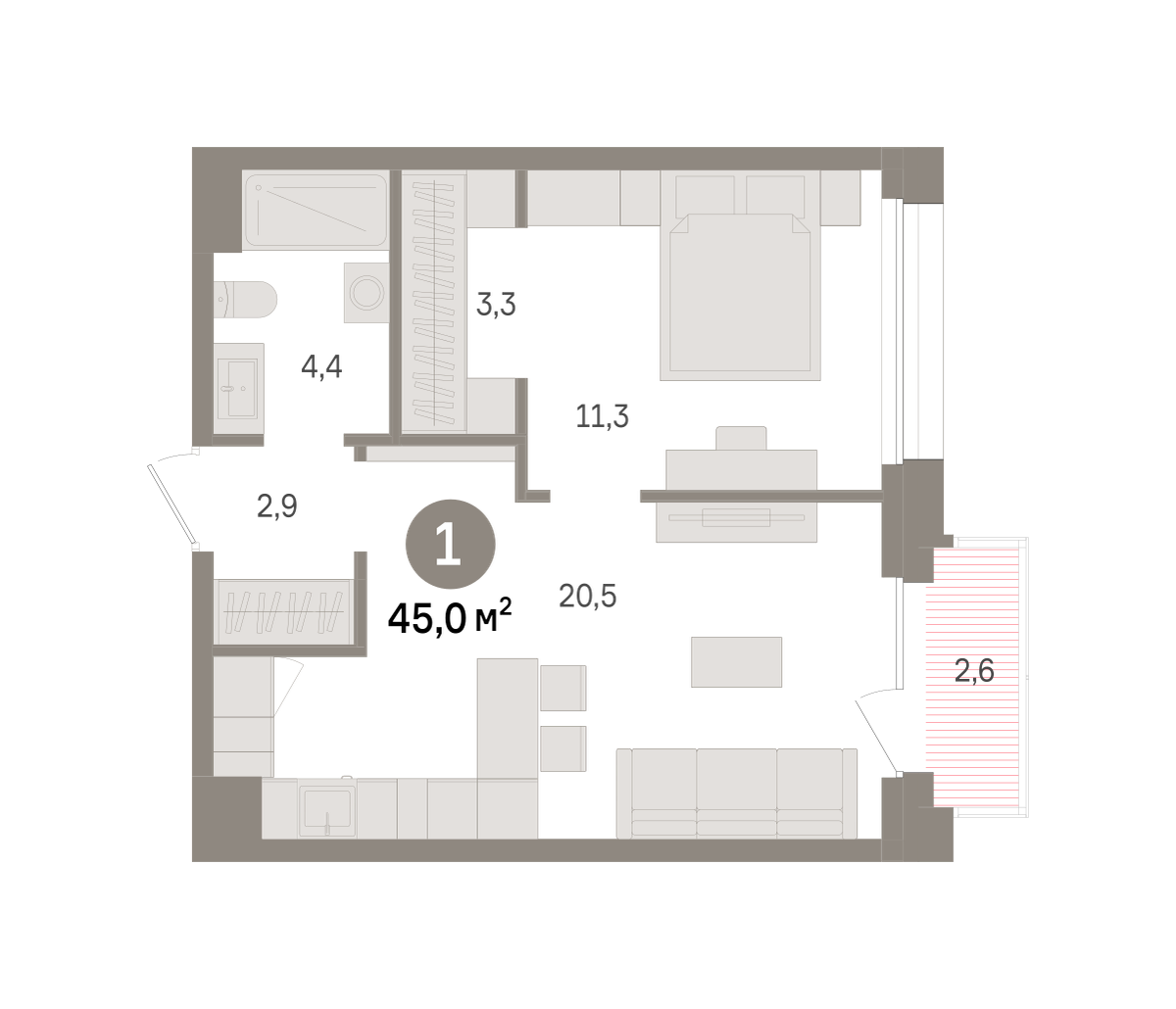 1 комн. Квартира 45 кв. м