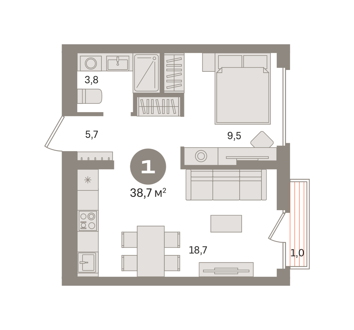 1 комн. Квартира 38.7 кв. м