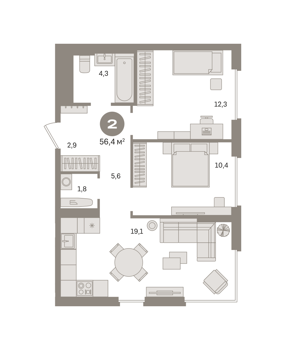 2 комн. Квартира 56.4 кв. м