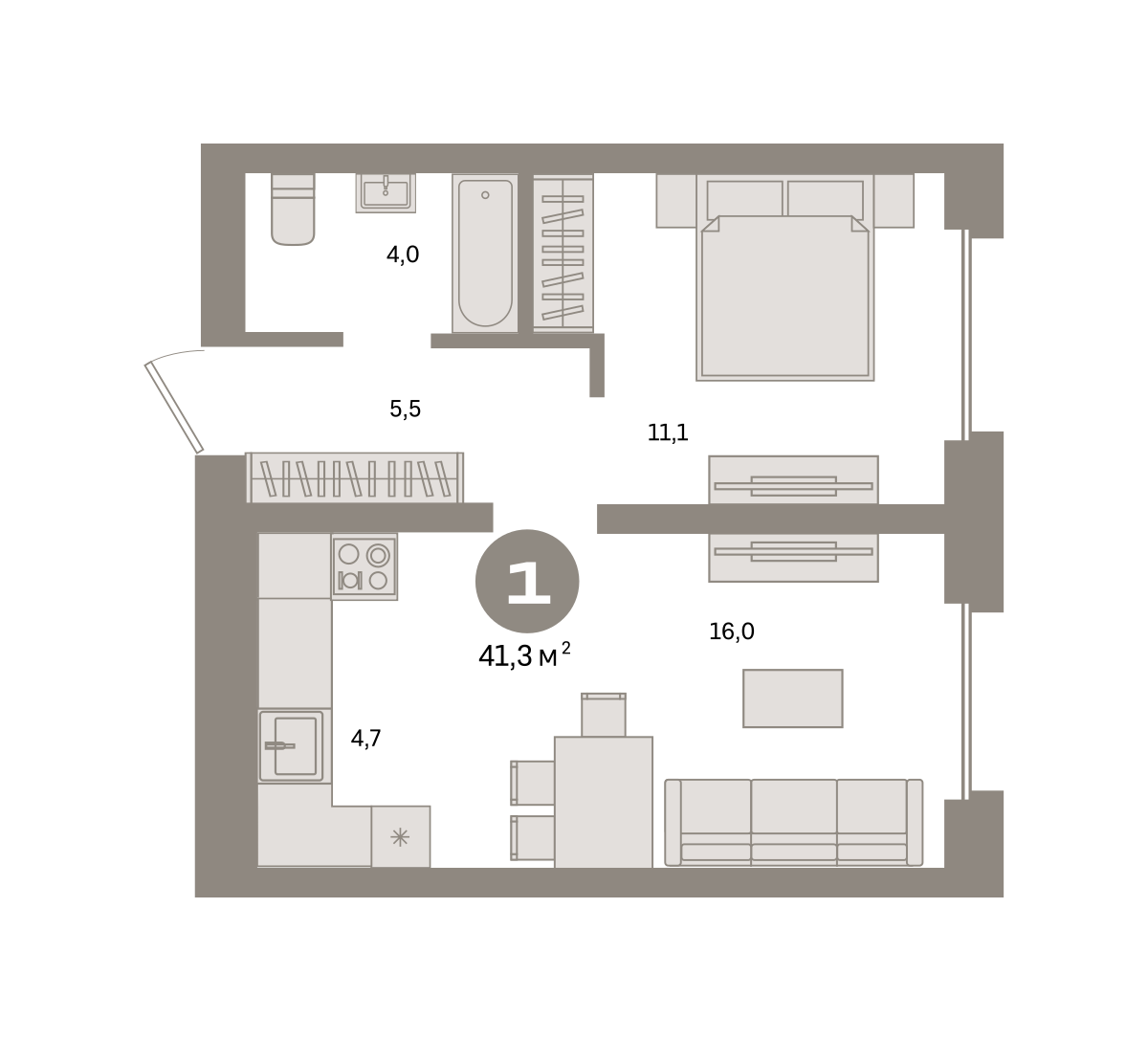 1 комн. Квартира 41.3 кв. м