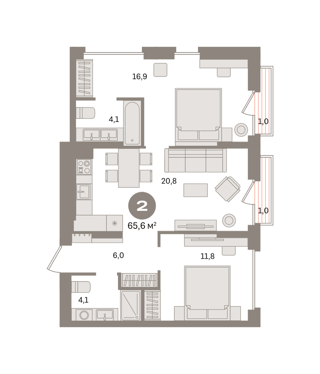 2 комн. Квартира 65.6 кв. м