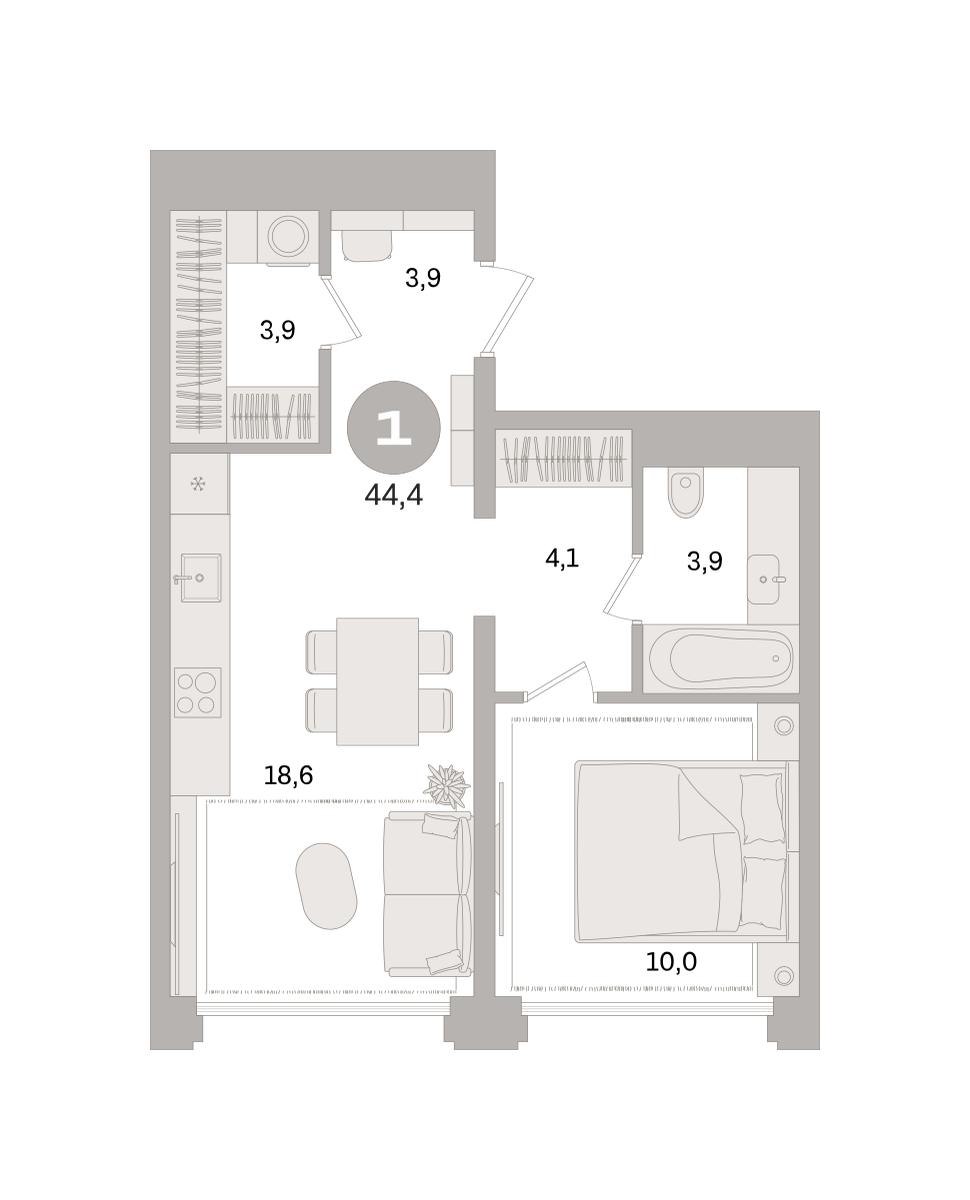 1 комн. Квартира 44.4 кв. м