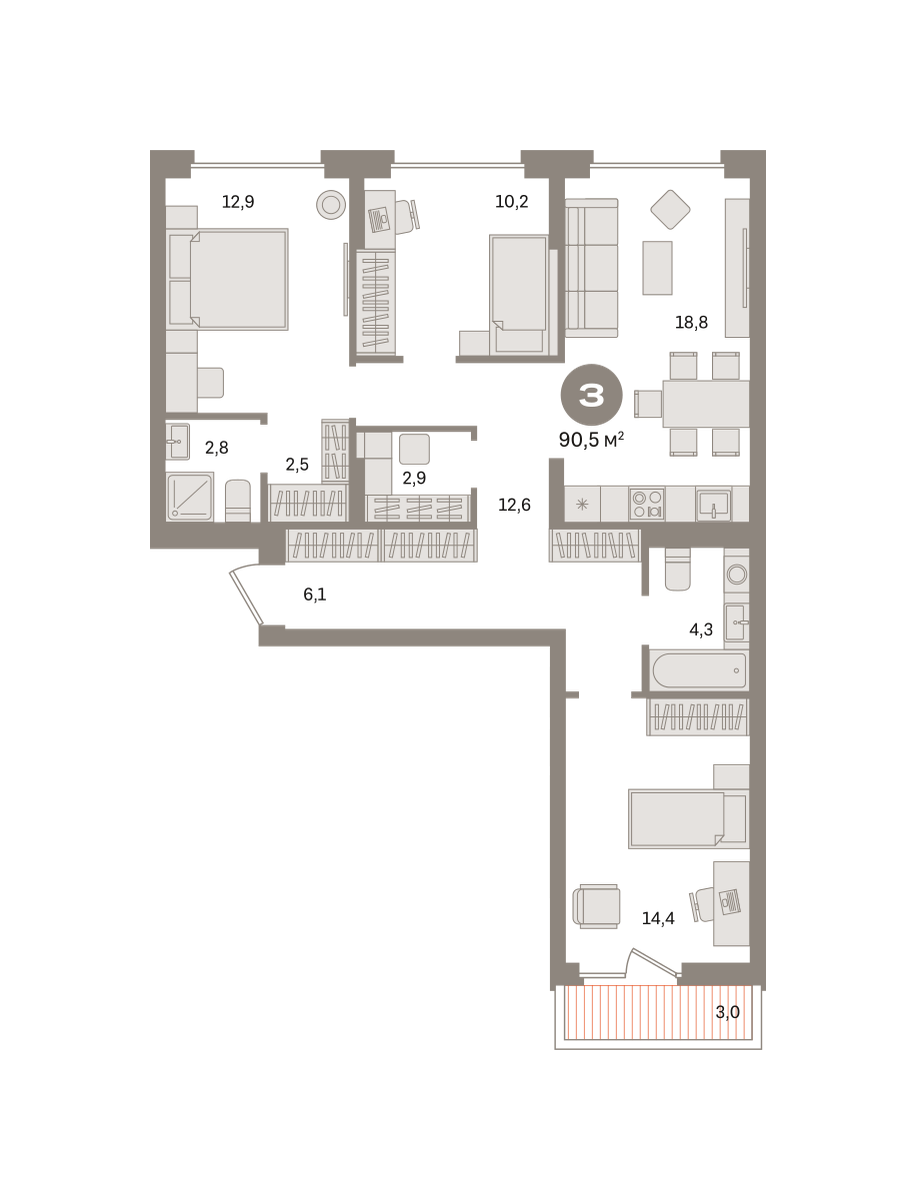 3 комн. Квартира 90.5 кв. м