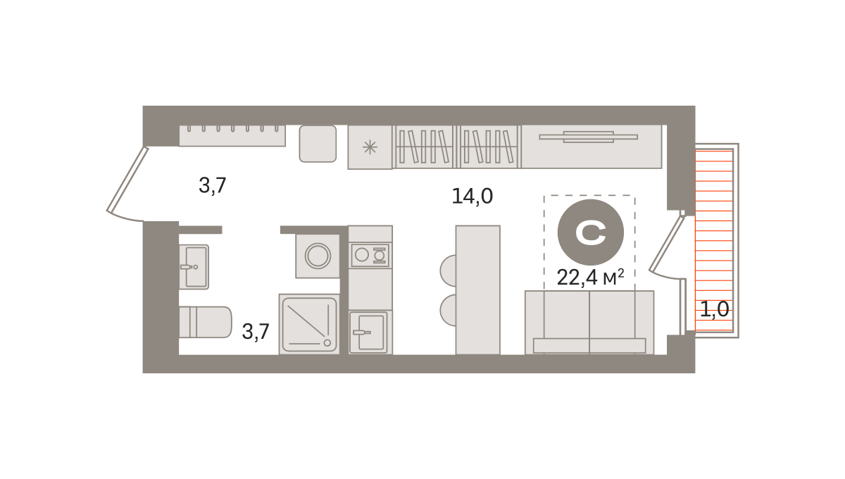 Квартира 22.4 кв. м