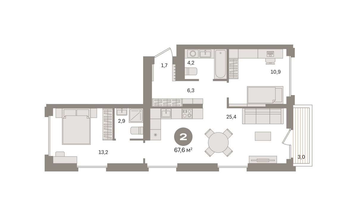 2 комн. Квартира 67.6 кв. м