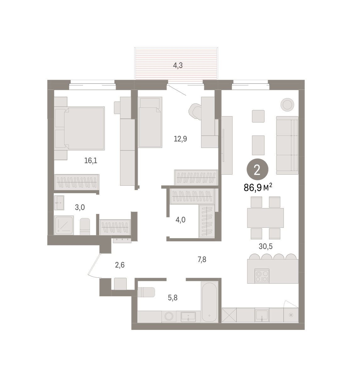 2-комнатная квартира, 86.94 кв.м, Кварталы Драверта