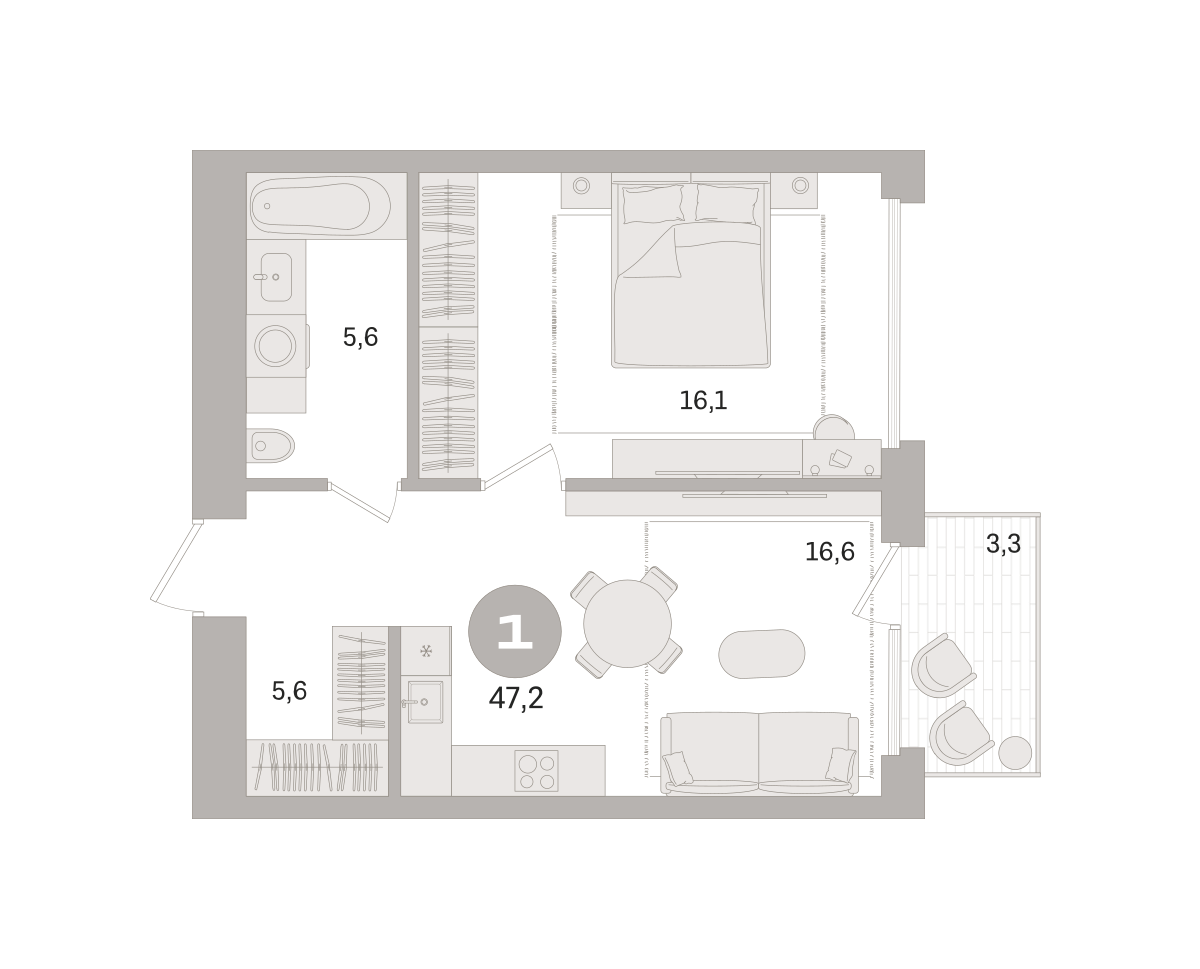 1 комн. Квартира 47.2 кв. м