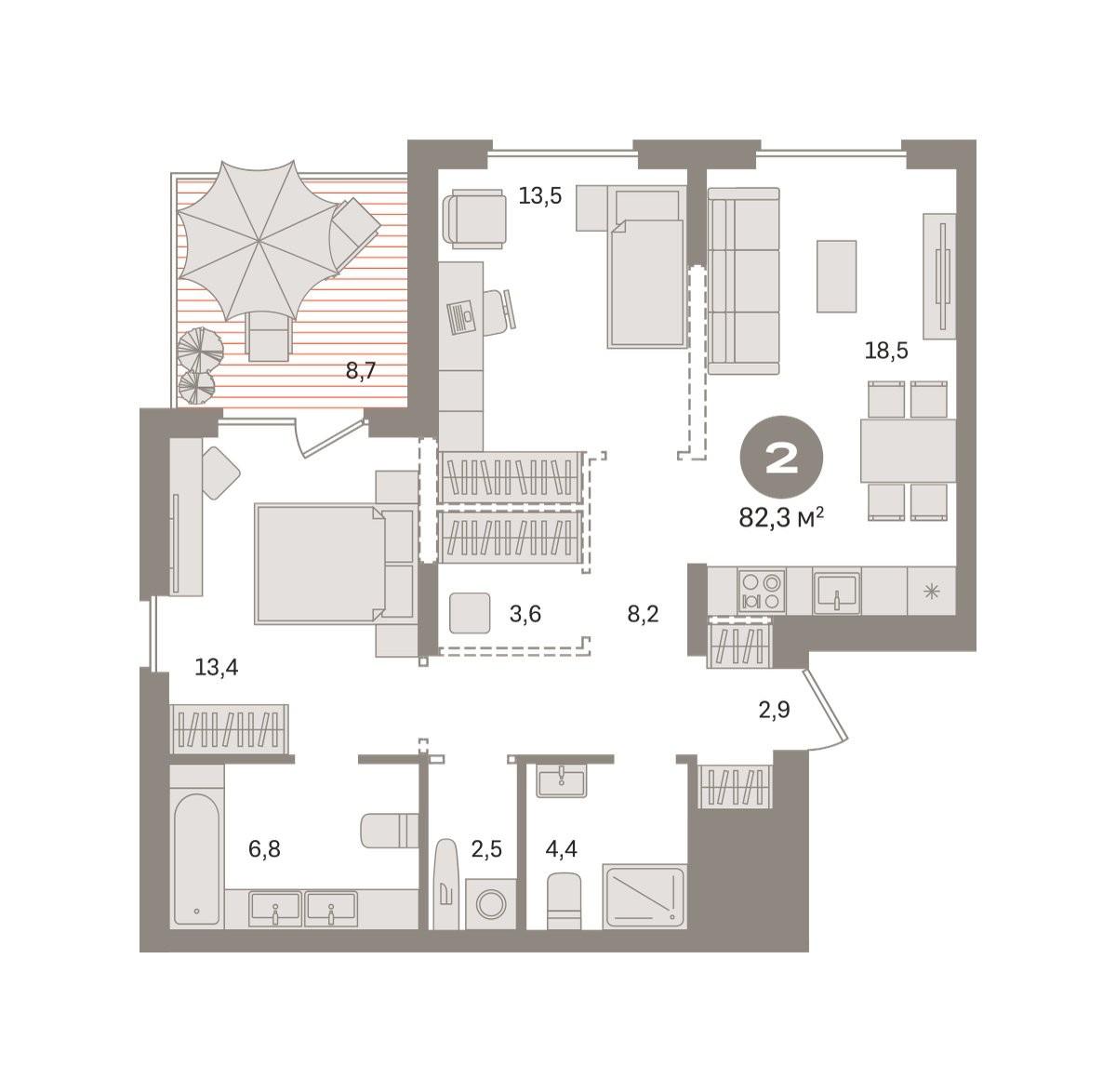 2 комн. Квартира 82.3 кв. м
