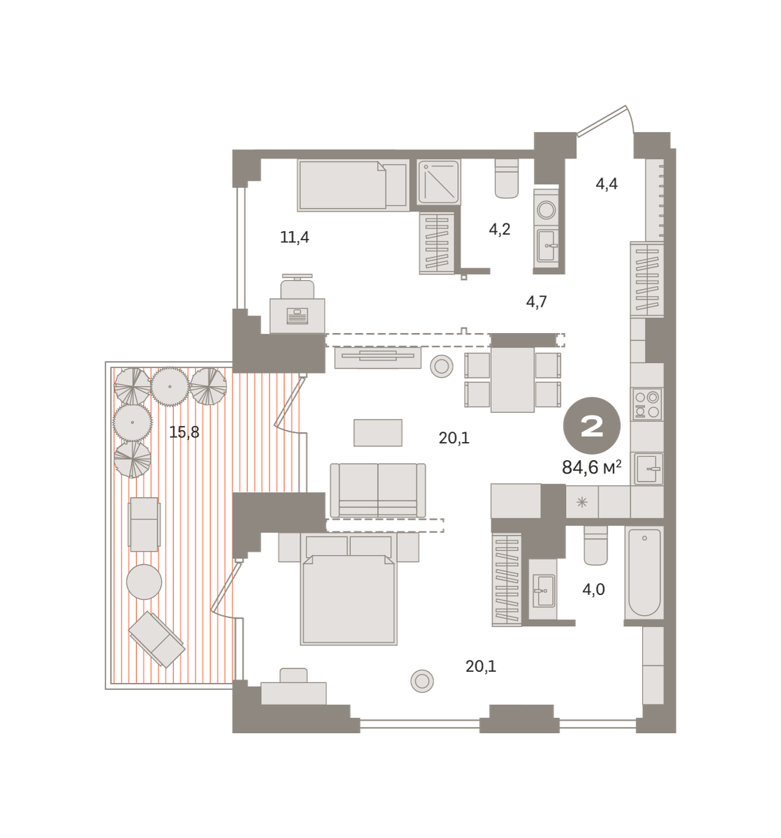 2 комн. Квартира 84.6 кв. м