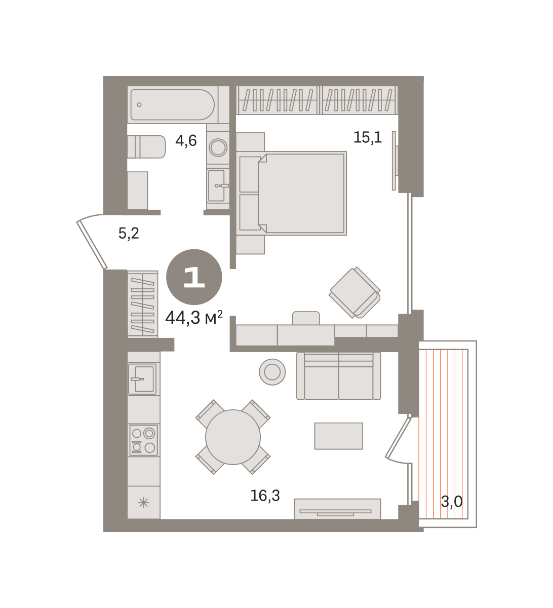 1 комн. Квартира 44.3 кв. м