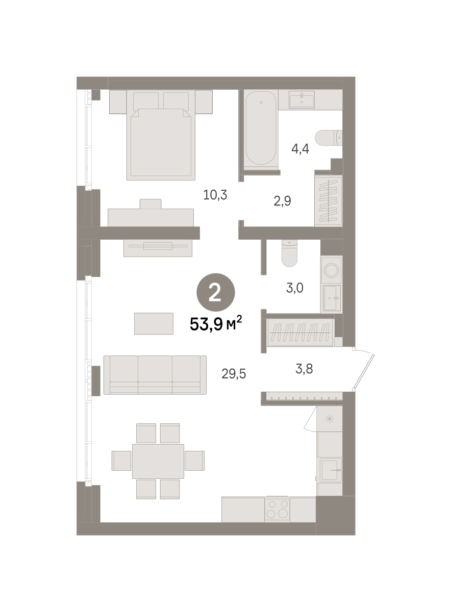 2 комн. Квартира 53.9 кв. м