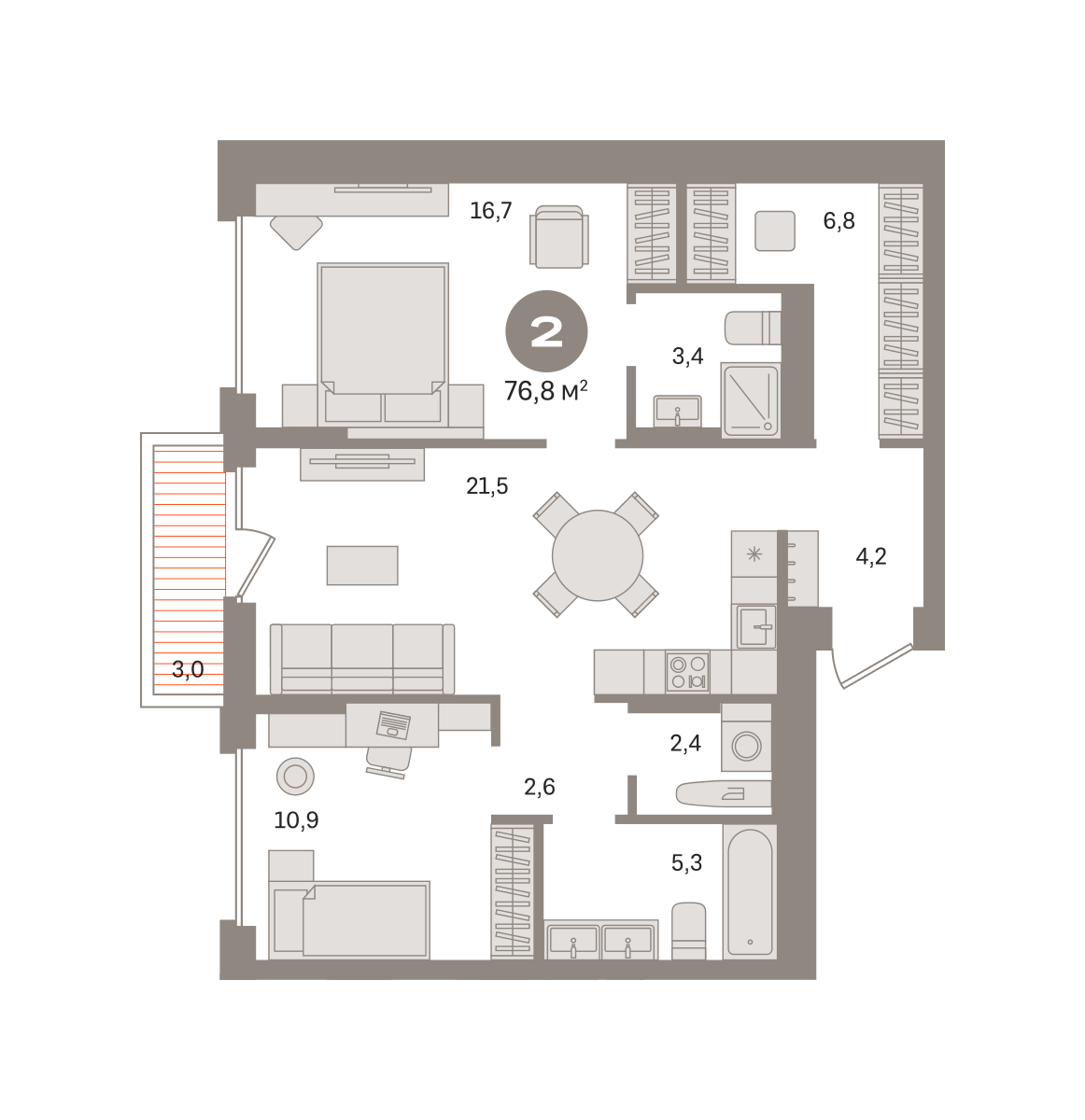 2 комн. Квартира 76.8 кв. м