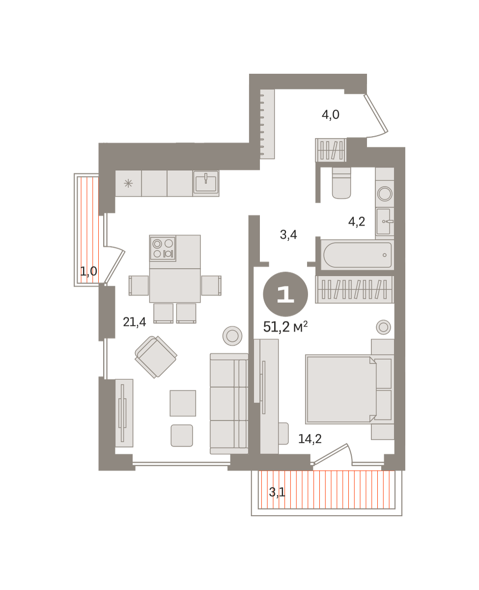 1 комн. Квартира 51.2 кв. м
