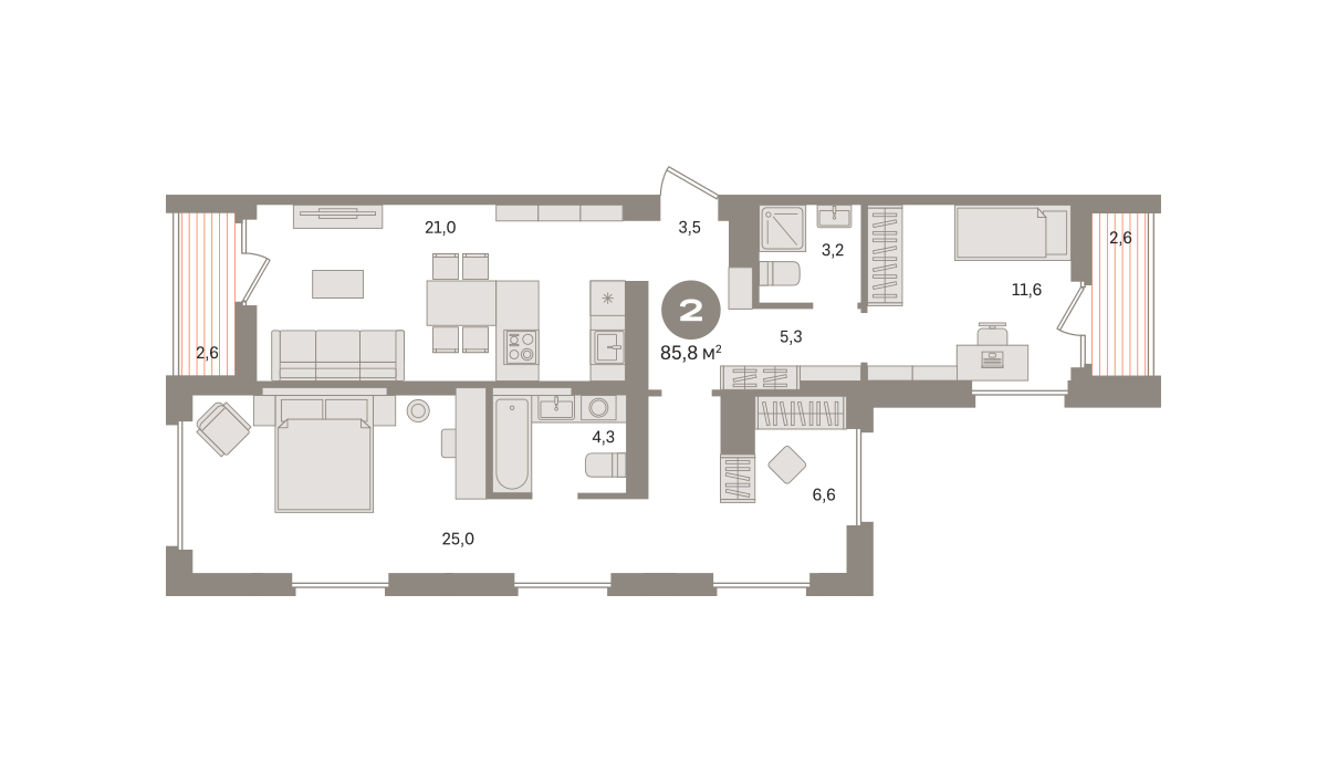 2 комн. Квартира 85.8 кв. м