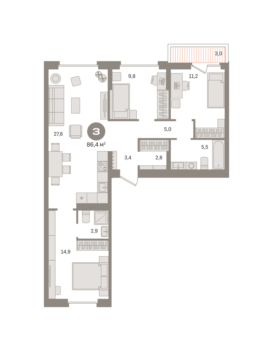 3 комн. Квартира 86.4 кв. м