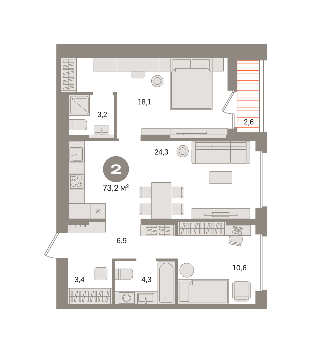 2 комн. Квартира 73.2 кв. м