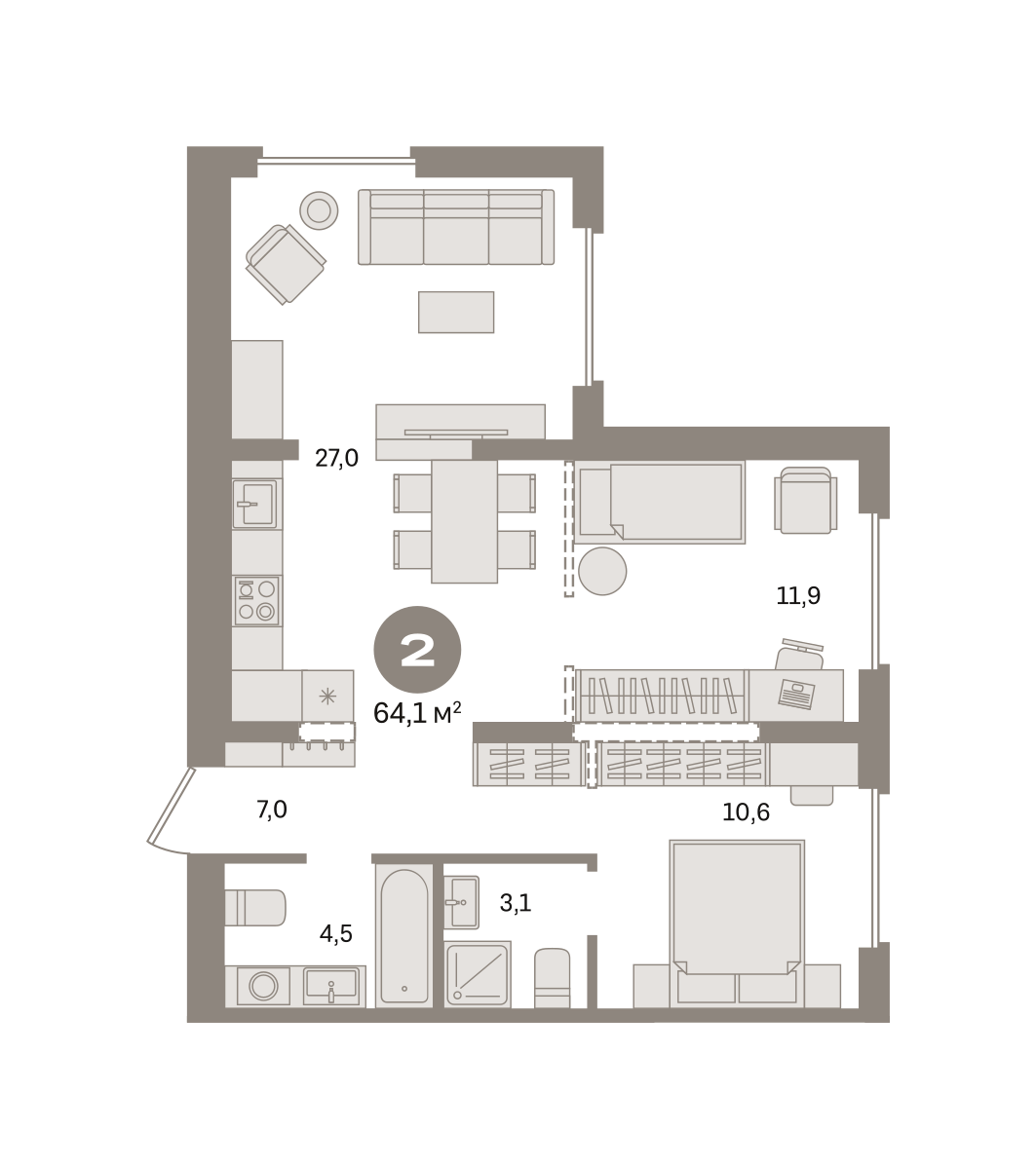 2 комн. Квартира 64.1 кв. м