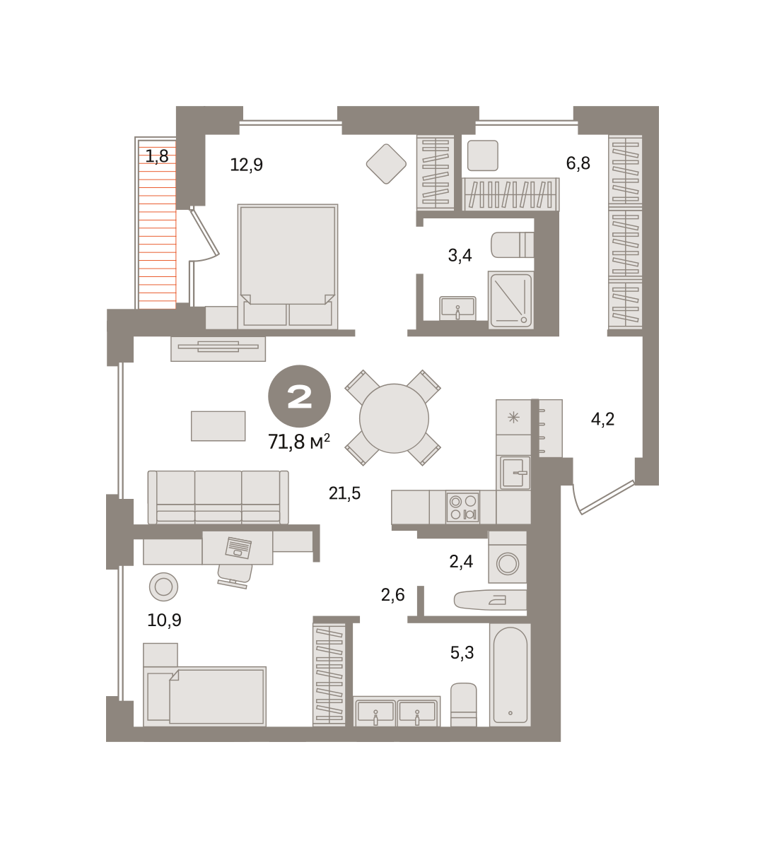 2 комн. Квартира 71.8 кв. м