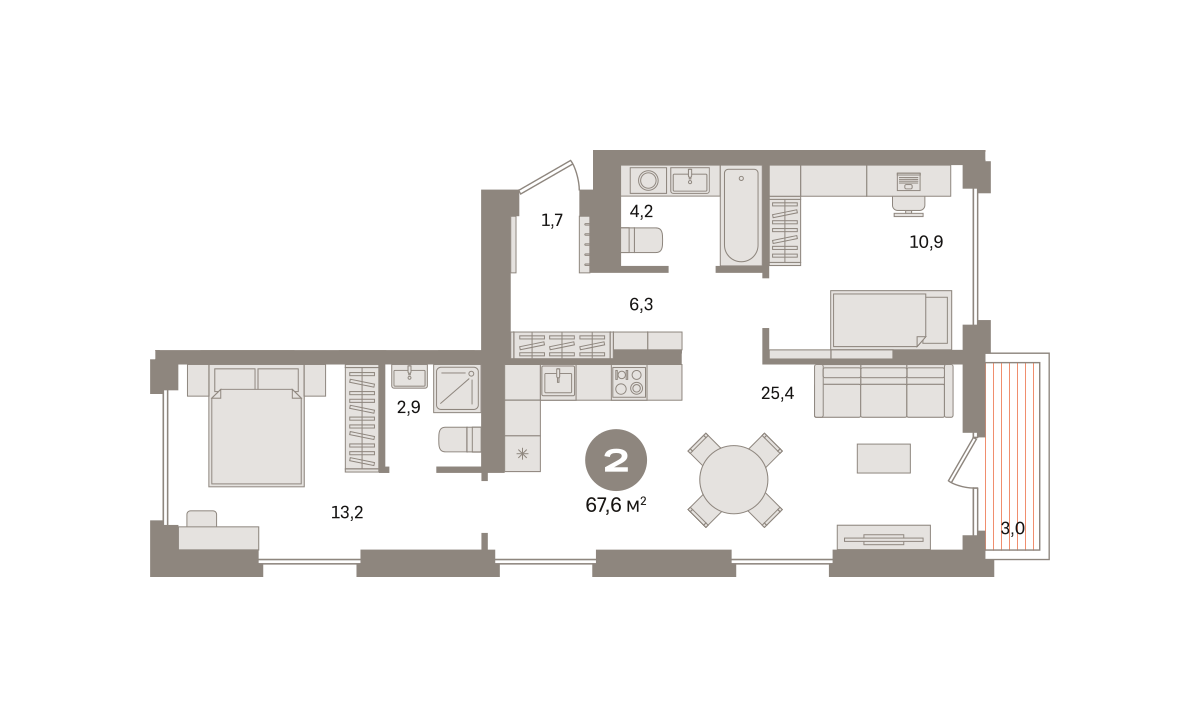 2 комн. Квартира 67.6 кв. м