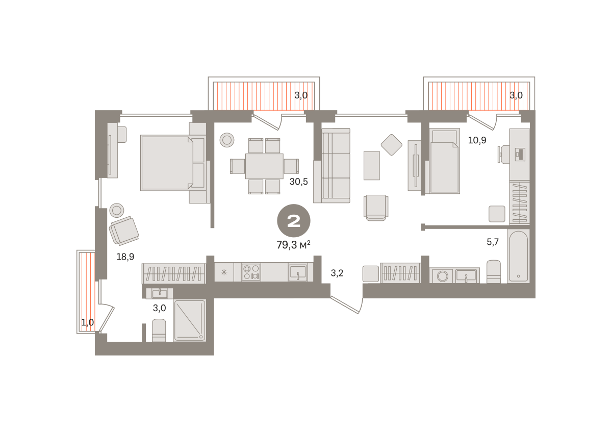 2 комн. Квартира 79.3 кв. м