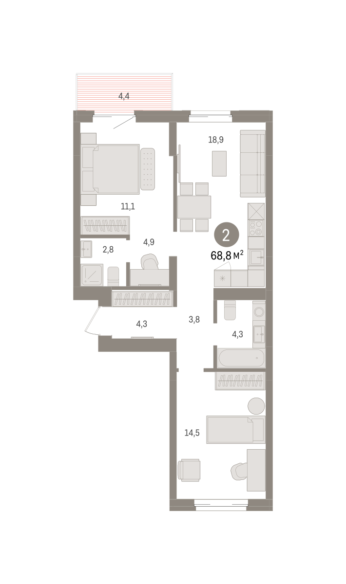 2-комнатная квартира, 68.84 кв.м, Кварталы Драверта
