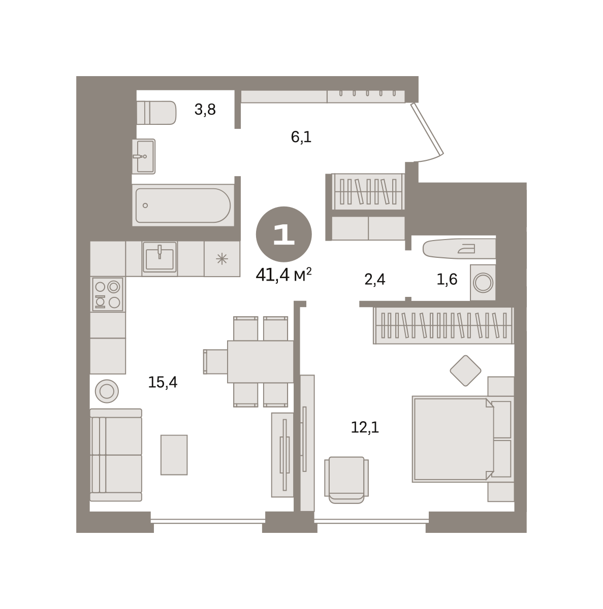 1 комн. Квартира 41.4 кв. м